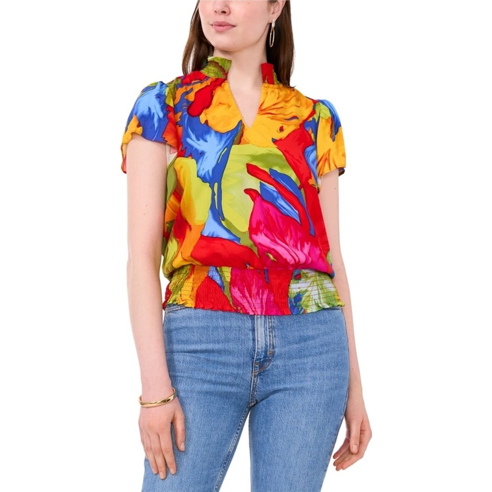 Sam and Jess Floral Blouse Smocked Waist Mock Neck Top Colorful PS NWOT